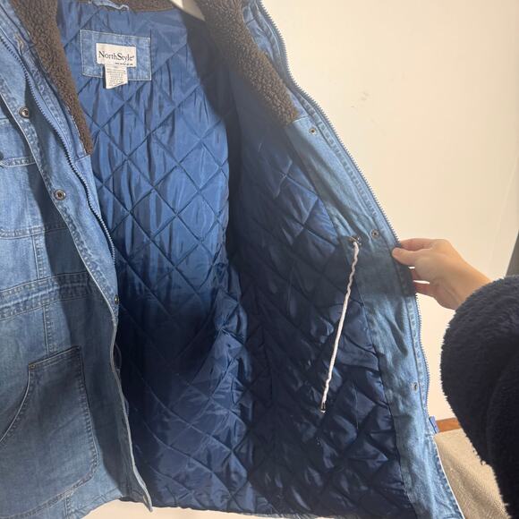 North Style Jacket Women M Blue Denim Quilted Hood Chore Jacket Sherpa Pocket - Picture 12 of 14